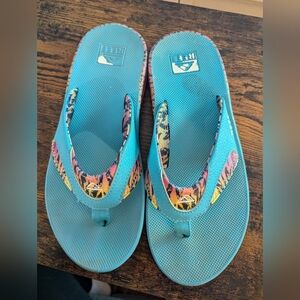 Reef Fanning Blue Tiger Flip Flops size 10 Teal and Zebra Print